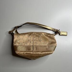 Coach Metallic Gold Signature Jacquard Small Hobo Shoulder Bag Red Lining F0969